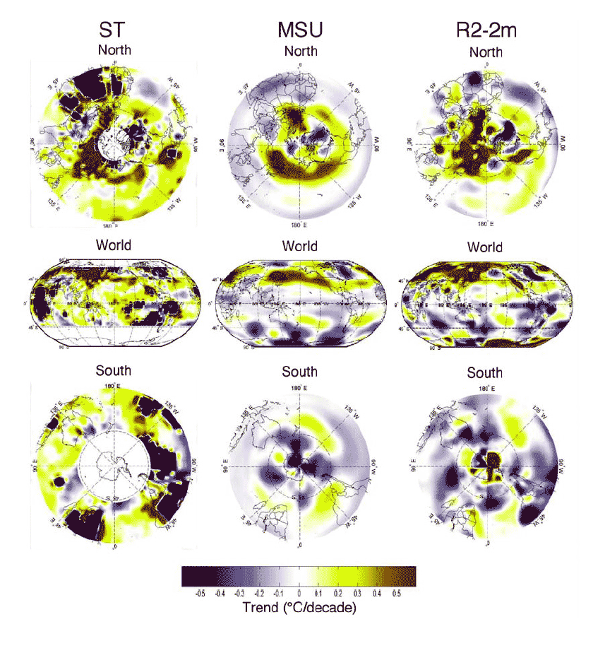 Trend-line maps of Surface Temperature from UAH Ver. D.